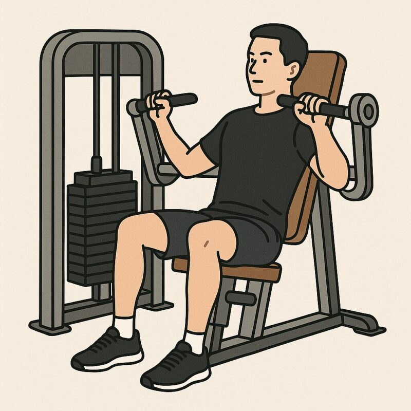 チェストプレスマシンで胸の筋肉を鍛える男性のイラスト。マシンのハンドルを押し出す姿勢が描かれている。