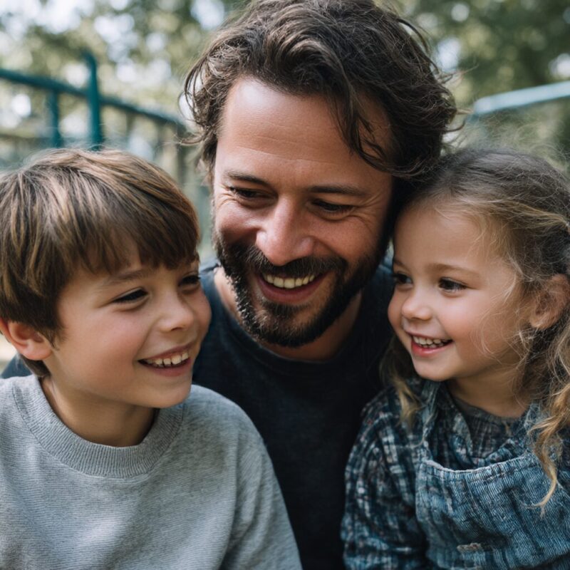 筋トレを始めた父親が、笑顔で子どもたちと触れ合う様子。健康的な体と明るい表情が、家族との未来を象徴している。