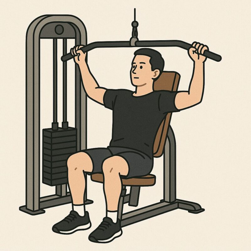 ラットプルダウンマシンで背中を鍛える男性のイラスト。座った姿勢でバーを胸元に引き下ろす動作が描かれている。