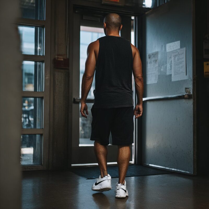 ジムの入口に立つ40代の男性。黒のトレーニングウェアと白いスニーカーを着用し、これからトレーニングを始める様子。
