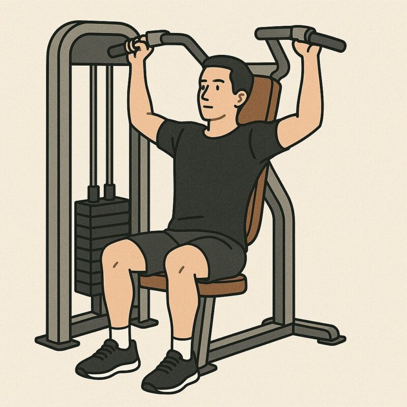 ショルダープレスマシンで肩を鍛える男性のイラスト。背もたれ付きのシートに座り、両手でハンドルを押し上げている姿が描かれている。