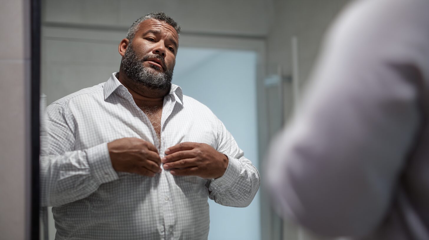 お腹が出ている40代の男性が、鏡の前でシャツのボタンを閉じようとしている。ややきつそうな表情でフィット感を気にしている様子。