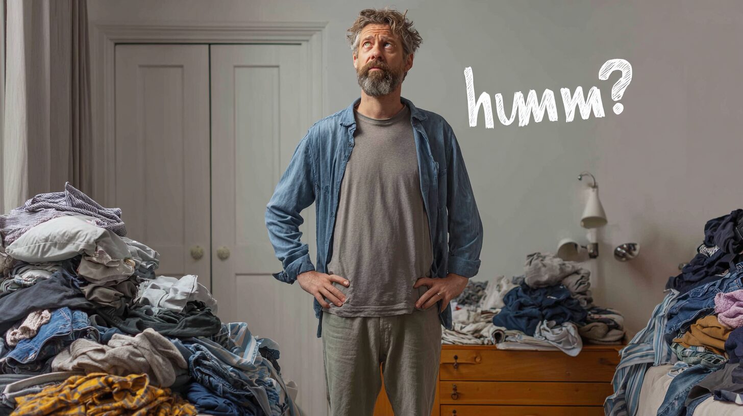 服が山積みになった部屋で、何を着るか悩んでいる40代の男性。シャツの上にTシャツを重ねて鏡の前で考え込んでいる様子。