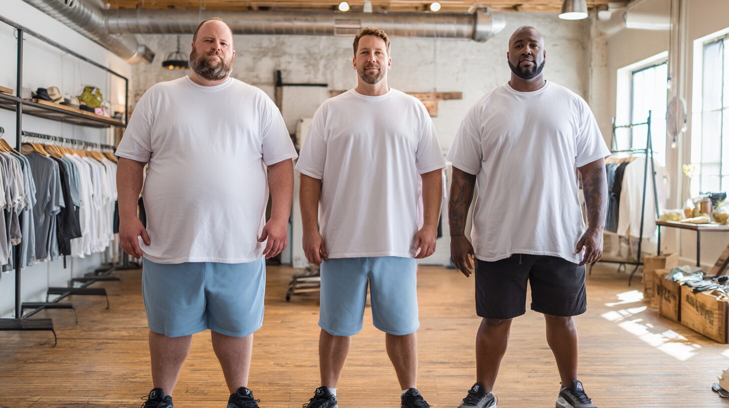 40代の男性3人が並んで立っている。全員が白いTシャツとショーツ姿で、それぞれ異なる体型(ぽっちゃり・がっしり・筋肉質)をしている。ファッションショップの店内でのワンシーン。