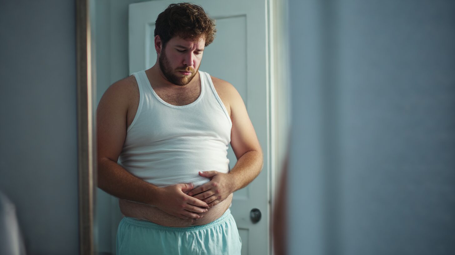 ぽっちゃり体型の30代男性が、鏡の前で自分のお腹を気にするように触れている様子。白いタンクトップと部屋着を着て、やや落ち込んだ表情を浮かべている。