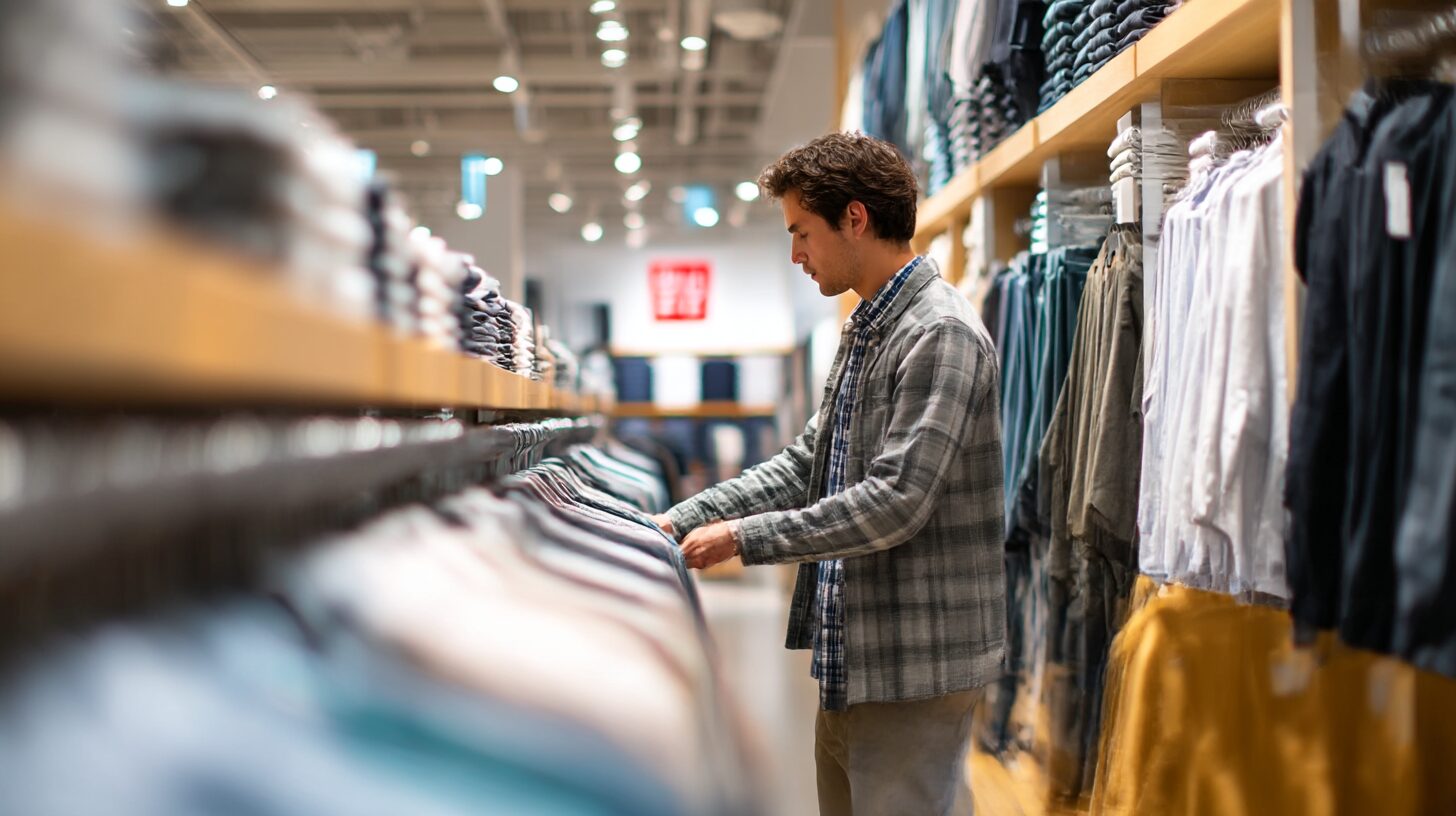 30代の男性がユニクロの店内で洋服を選んでいる様子。整然と並んだシャツやパンツを丁寧にチェックしながら、カジュアルなコーディネートを探している。