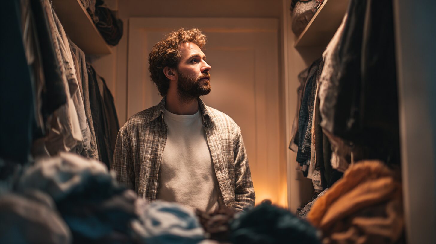 30代の男性が自宅のクローゼットの前で、どの服を選べばオシャレに見えるのか迷っている様子。シャツや衣類が雑然と並び、悩ましげな表情を浮かべている。
