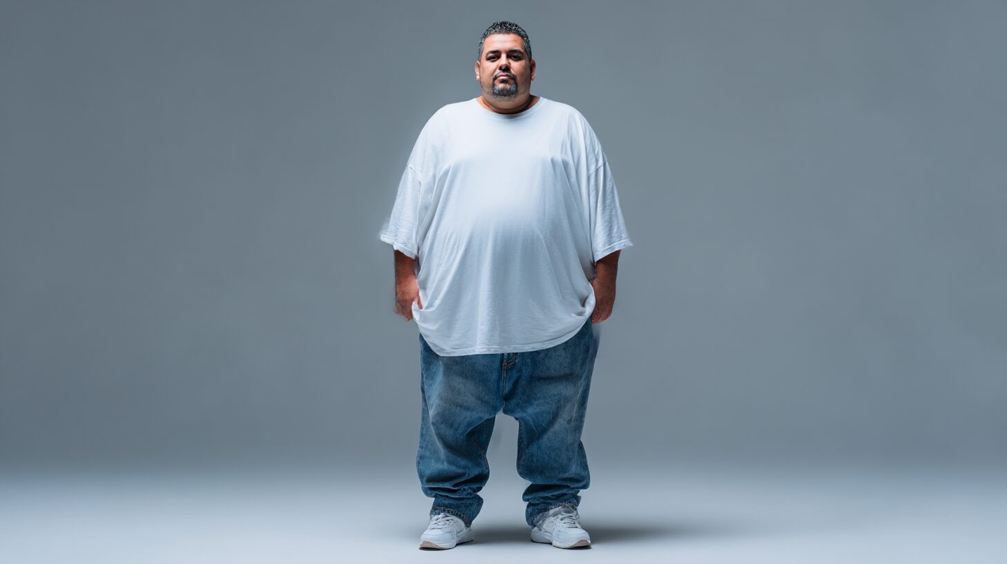 体型を隠すためにオーバーサイズの白Tシャツを着た40代の太った男性。全身が写っており、逆にシルエットが強調されて体が大きく見えている。