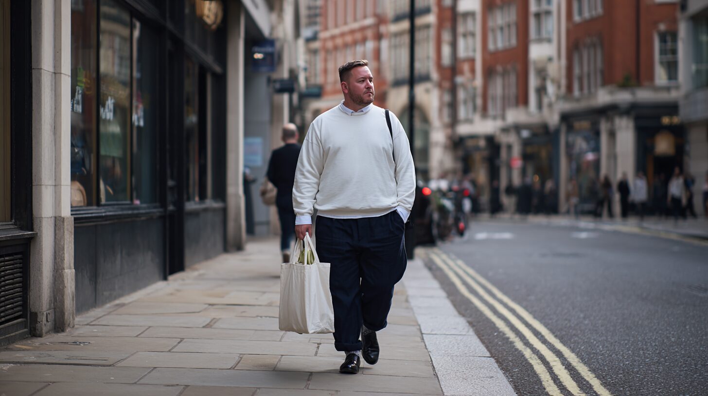やや太め体型の30代男性が、白のスウェットとネイビーのワイドパンツを合わせたカジュアルなコーデでロンドンの街を歩く。片手には生成りのトートバッグ、足元は黒の革靴で上品にまとめ、都会的で抜け感のある着こなしが印象的なスナップ。