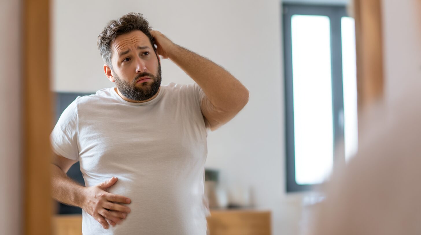 鏡の前でTシャツ姿のお腹を気にしている中年男性。困った表情で頭をかきながら、自分の体型を見つめている。