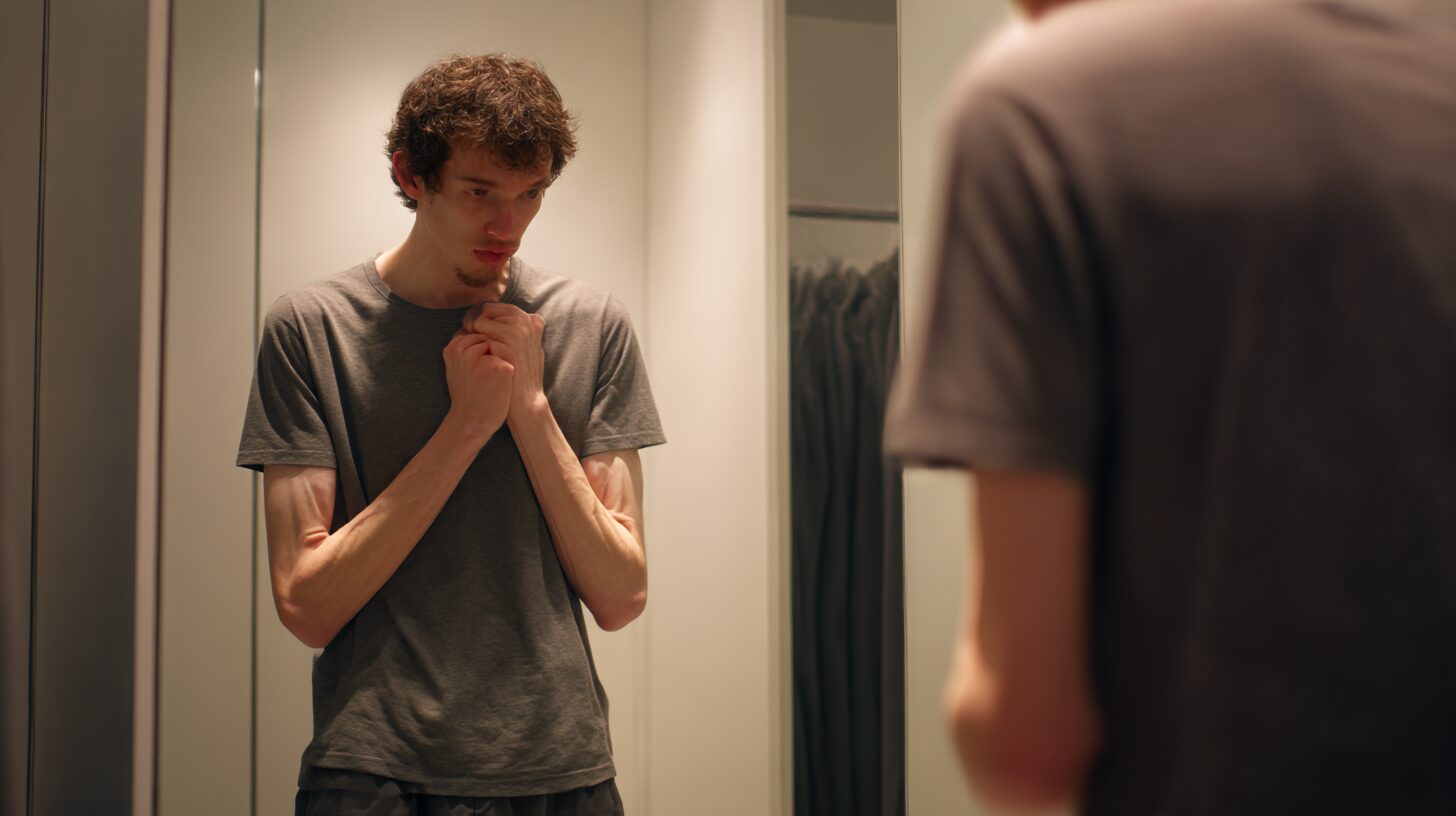 Tシャツ姿の男性が、自分の細い腕を気にしながら鏡を見つめている。試着室のような空間で不安そうな表情を浮かべている。