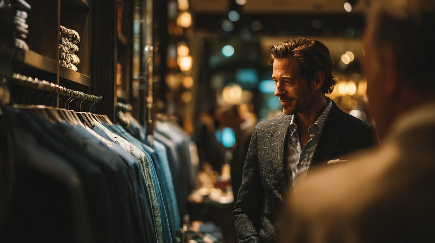30代の男性が、高級感のあるセレクトショップで洋服を選んでいる様子。店内は暖色系の照明とウッド調の什器で統一され、洗練された雰囲気が漂う。