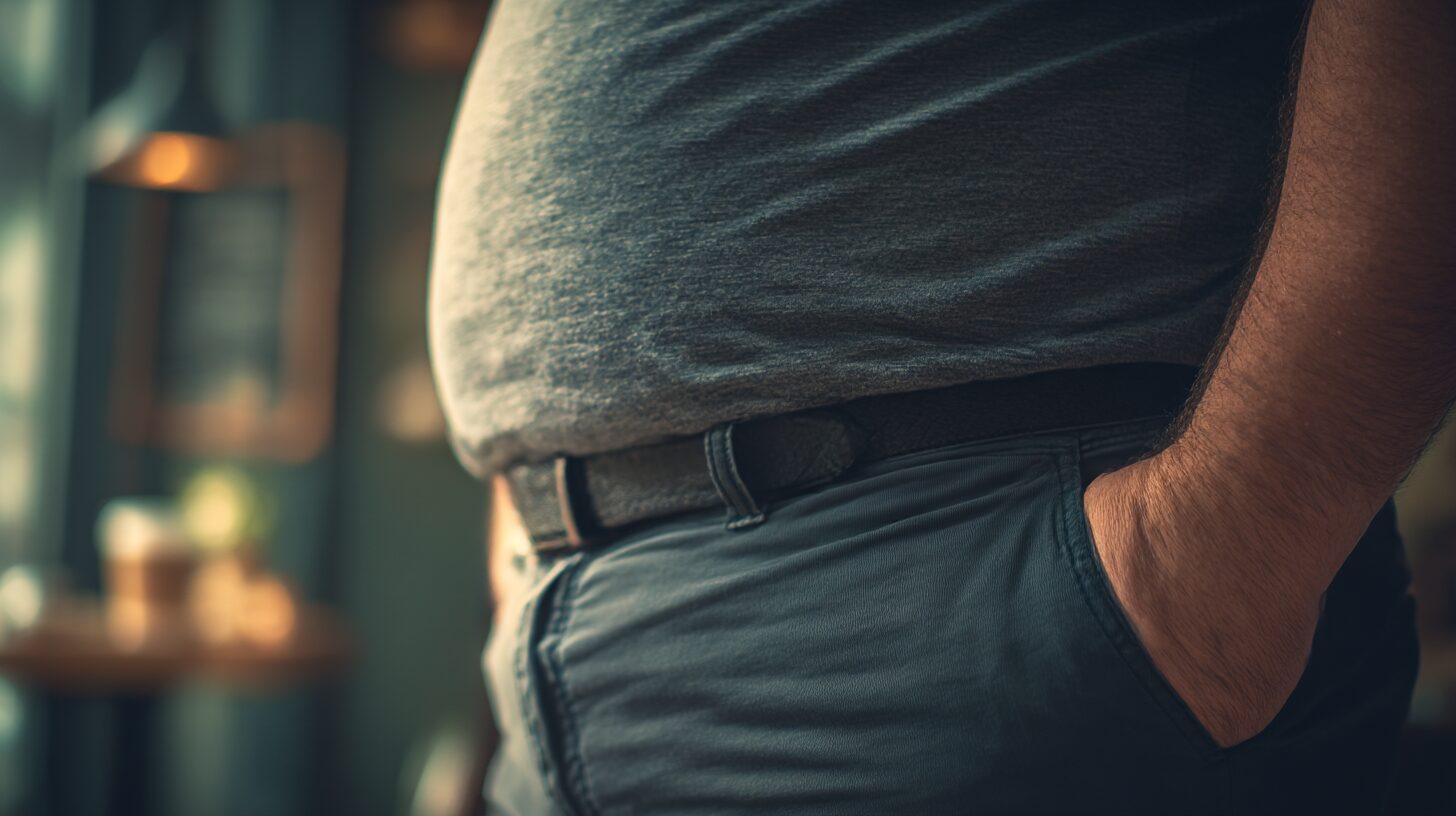 お腹が出ている40代男性のパンツがきつそうに見える様子。ウエスト部分のTシャツが張っており、体型と服のサイズ感のミスマッチが際立っている。