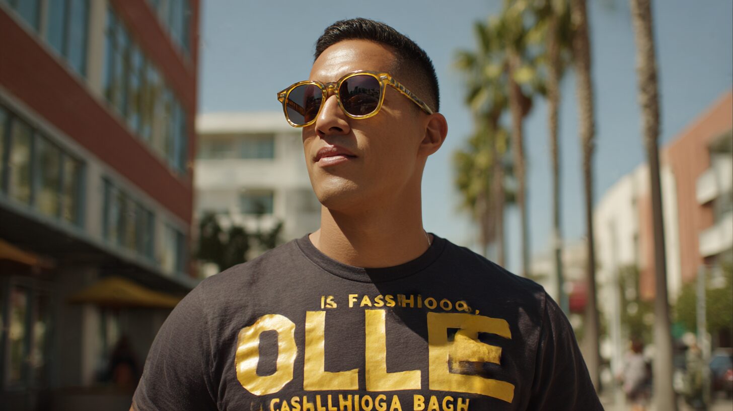 30代の男性が、カリフォルニアの街中で「オレはオシャレでカッコいい」「ロングビーチ」といった文字が大きくプリントされたTシャツを着て、サングラスをかけながら自信に満ちた表情で歩いている。