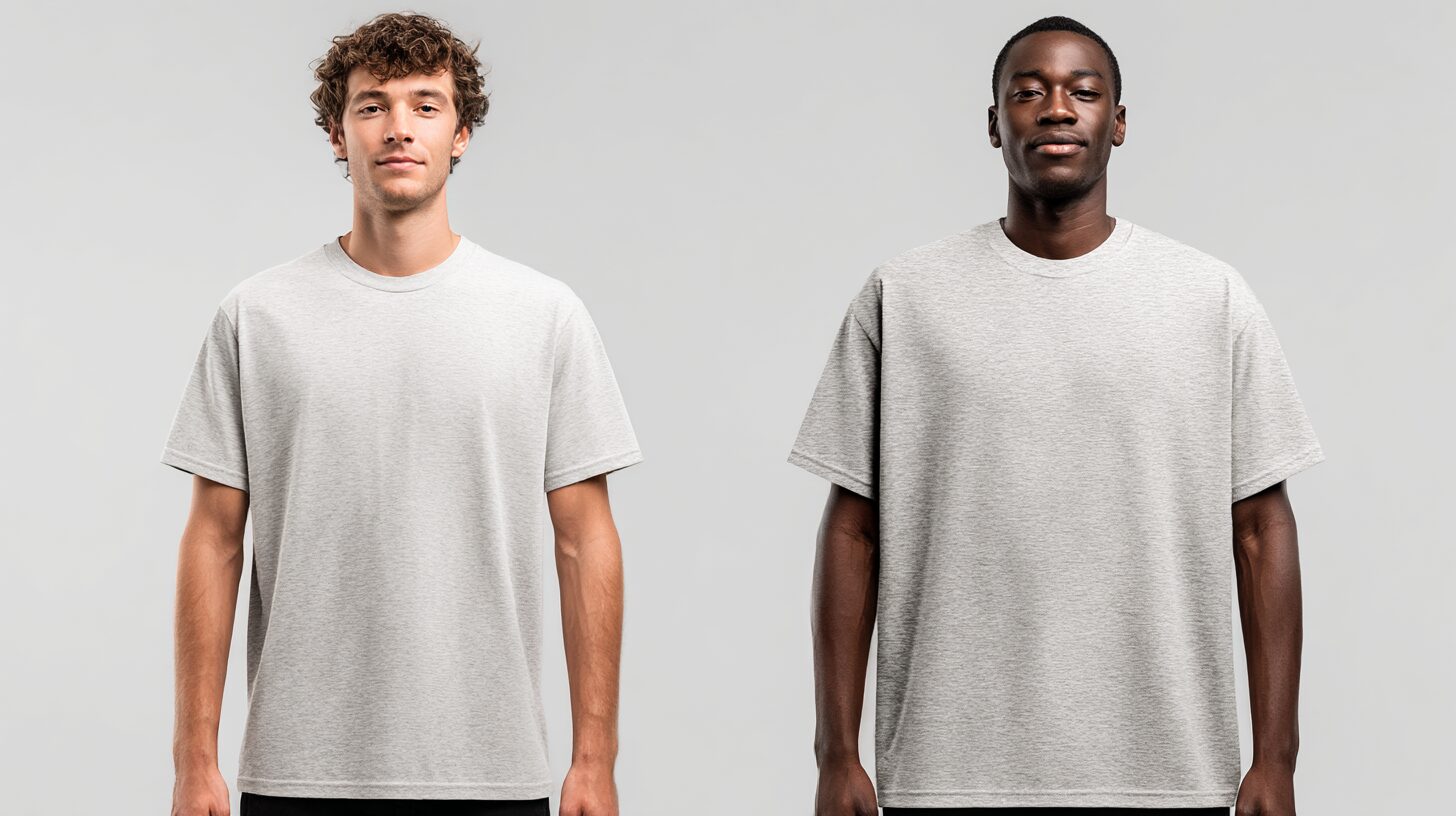 同じグレーのTシャツを着た2人の男性が並んで立っている。体型や骨格の違いにより、同じ服でも印象が異なって見える。