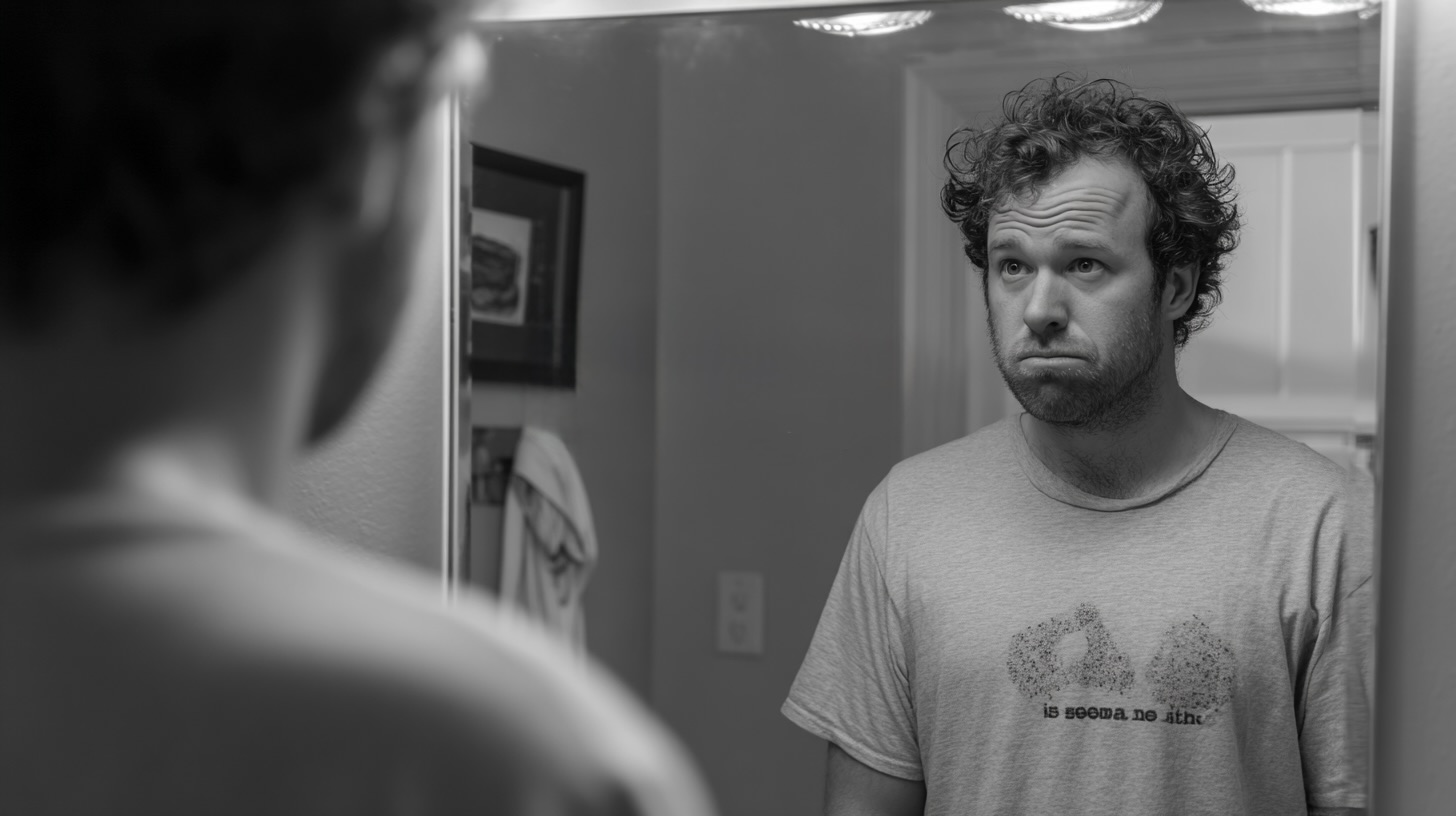 Tシャツを着た40代の男性が、鏡の前で冴えない表情を浮かべながら自分の姿を見つめている。服がしっくりこない様子で悩んでいる。