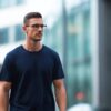 ネイビーのTシャツを着た30代男性。肩のラインが自然に収まり、街中で清潔感のあるバランスよいスタイルに見える。