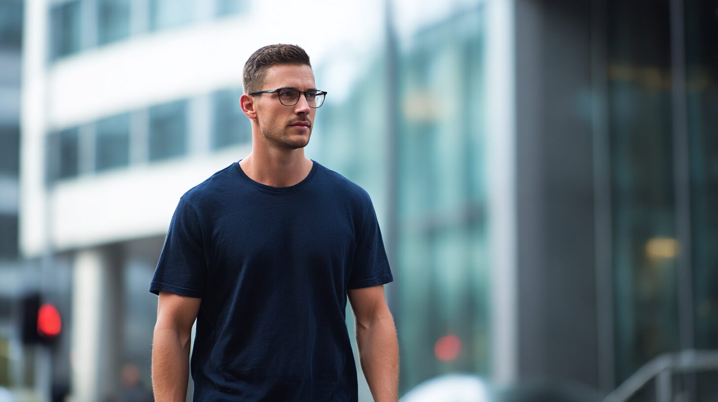 ネイビーのTシャツを着た30代男性。肩のラインが自然に収まり、街中で清潔感のあるバランスよいスタイルに見える。