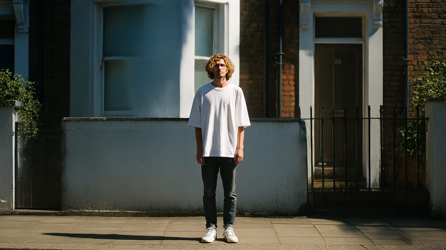 オーバーサイズの白いTシャツを着た男性が屋外で直立している。肩線が大きく落ち、体が華奢に見えるスタイルフォト。