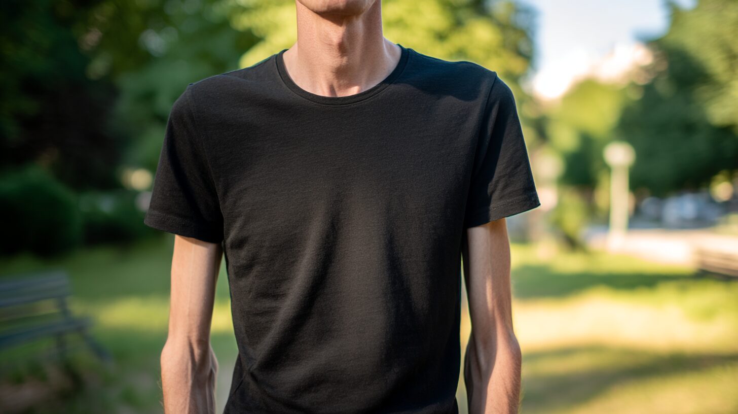 痩せ型体型の30代男性が、夏の公園で黒Tシャツ一枚で立っている様子