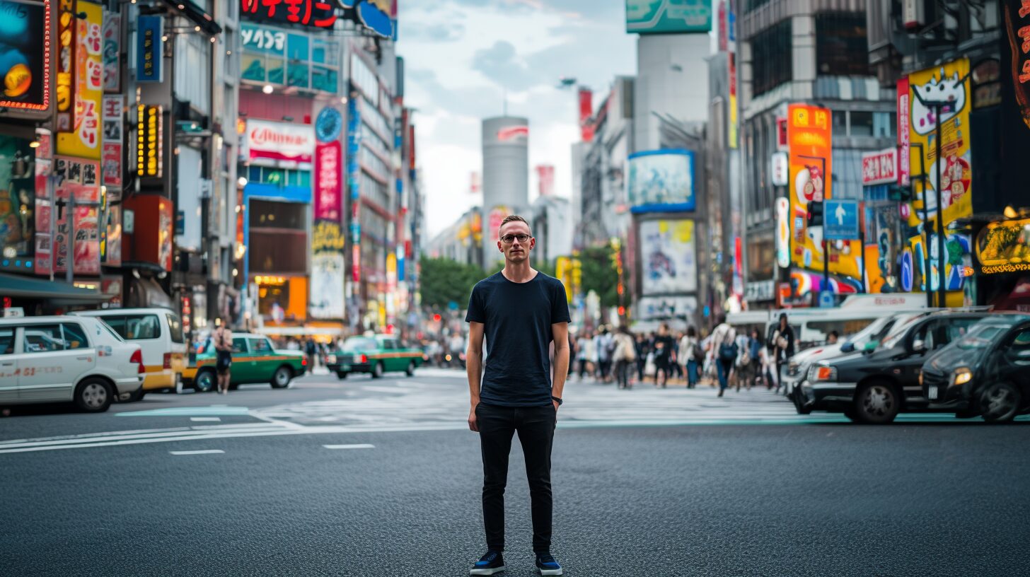 痩せ型の30代男性が、ダークネイビーのTシャツと黒のスキニーパンツを着て繁華街に立っている