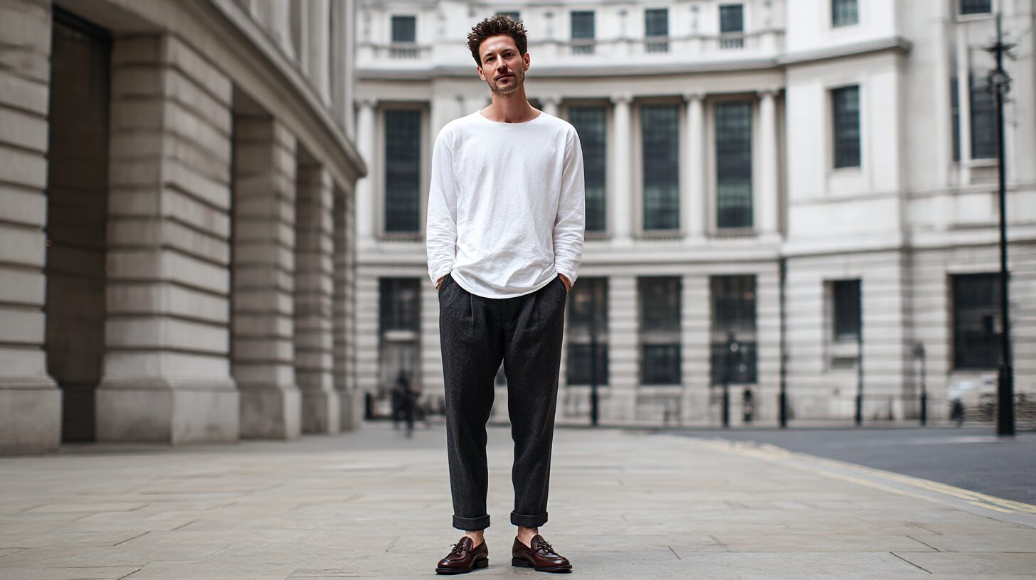 30代の痩せ型男性が、白のロングスリーブTシャツとワイドシルエットのダークスラックスを合わせたコーディネート。街中でリラックスした立ち姿