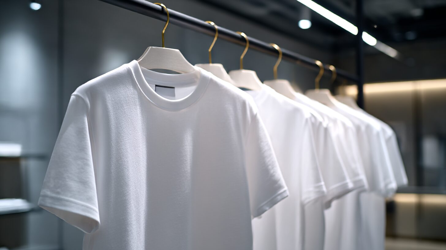 ショップでハンガーに並んだ白いTシャツ。厚みのある生地で清潔感があり、シンプルで大人向けのデザイン。